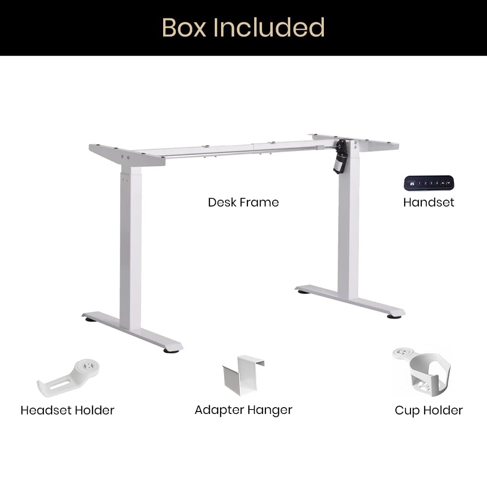 TRANSDESK Pulse Electric Height Adjustable Table Standing Desk| 80KG Wt Cap| 3 Year Warranty| Adaptor Hanger, Headphone & Cup Holder (White Only Frame | No Tabletop)