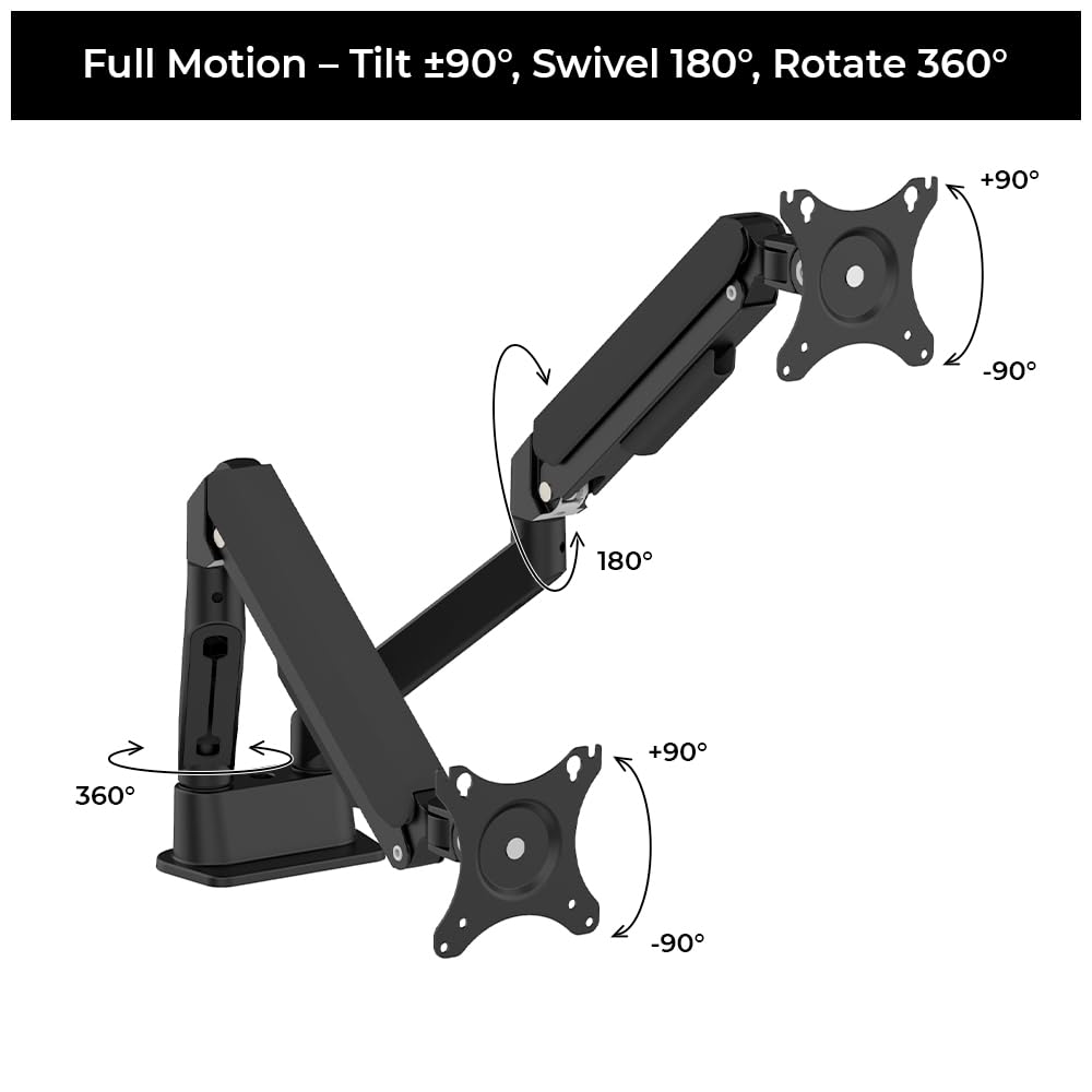 Dual Monitor Arm with Laptop Tray, Gas Spring Mount for 13–32 Inch Screens, Full Motion Adjustable Stand, VESA 75x75/100x100 Compatible, Clamp & Grommet Base, Supports 2 Monitors + Laptop