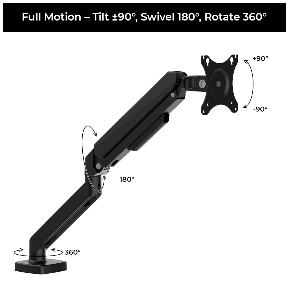 Single Monitor Arm with Laptop Tray, Full Motion Adjustable Stand, Gas Spring Mount for 13–30 Inch Screens, VESA 75x75/100x100 Compatible, Clamp & Grommet Base, Supports 1 Monitor or Laptop