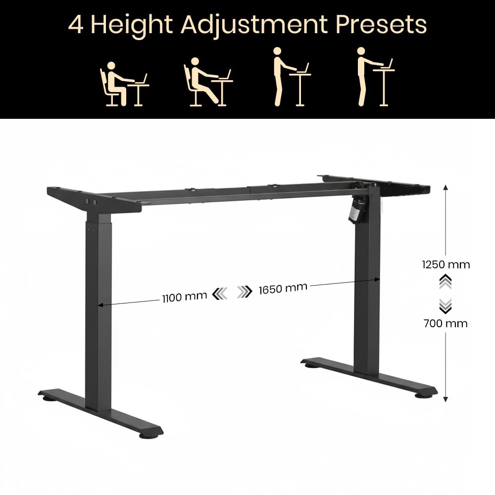 Pulse Electric Height Adjustable Table Standing Desk| 80KG Wt Cap| 3 Year Warranty| Adaptor Hanger, Headphone & Cup Holder (Black Only Frame | No Tabletop)