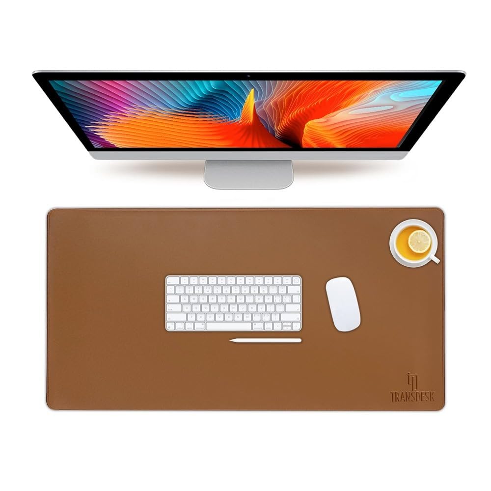 Premium Extra Large Vegan Leather Desk Mat 900x450 mm (90×45 cm – 2mm Thick)| Smooth Mouse Pad with Exquisite Stitching| Non-Slip Velvet Base| Eco-Friendly for Office & Gaming - Brown
