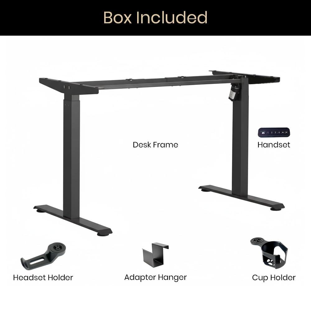 Pulse Electric Height Adjustable Table Standing Desk| 80KG Wt Cap| 3 Year Warranty| Adaptor Hanger, Headphone & Cup Holder (Black Only Frame | No Tabletop)