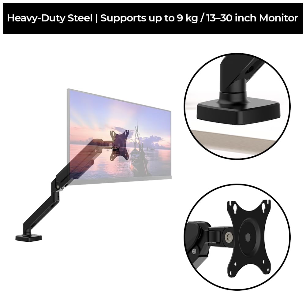 Single Monitor Arm with Laptop Tray, Full Motion Adjustable Stand, Gas Spring Mount for 13–30 Inch Screens, VESA 75x75/100x100 Compatible, Clamp & Grommet Base, Supports 1 Monitor or Laptop