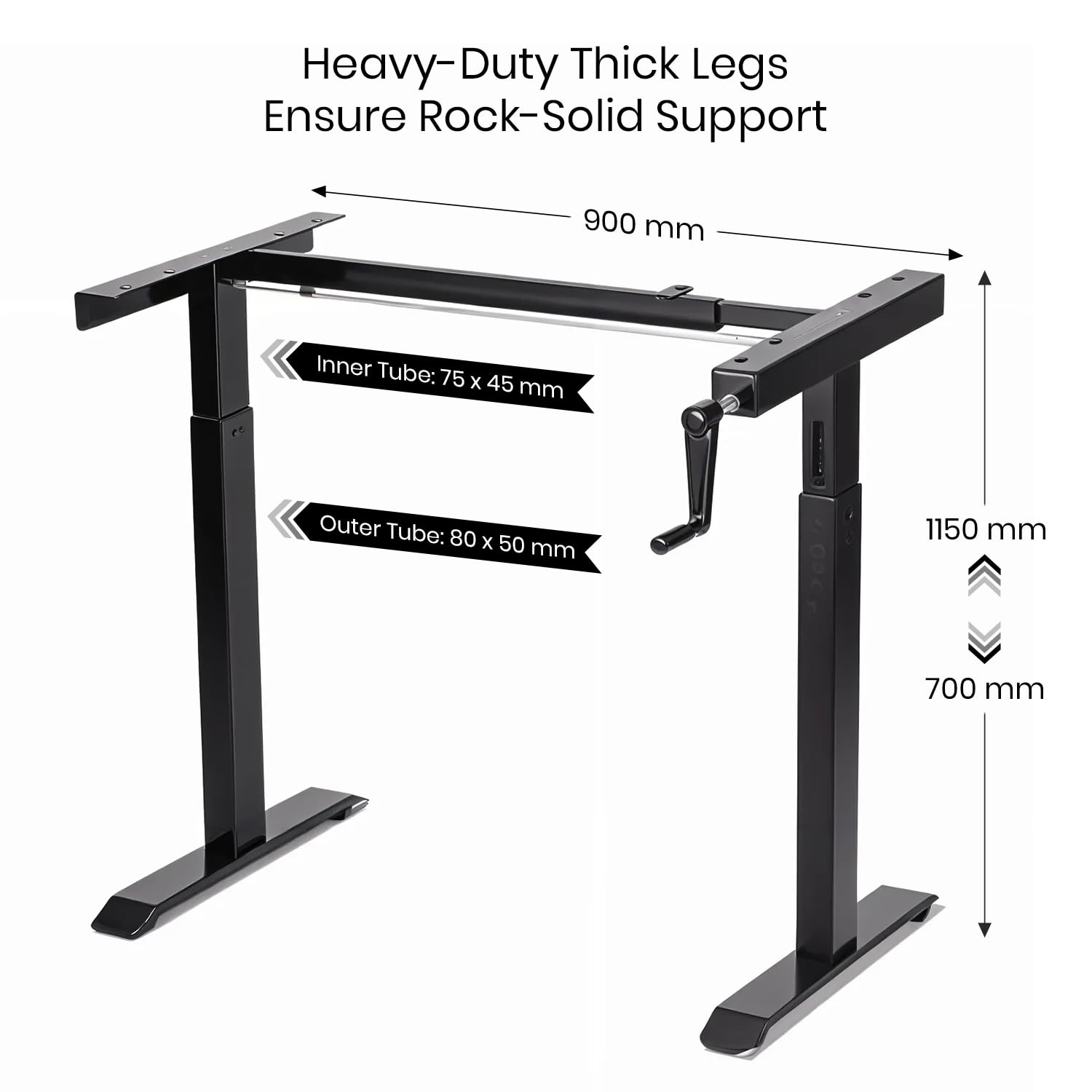 Manual Hand Crank Standing Desk Frame | Non Electric Height Adjustable Sit-Stand Table No Power Required | Silent Operation, Heavy-Duty Steel| 3-Year Warranty | Black Frame Only No Tabletop