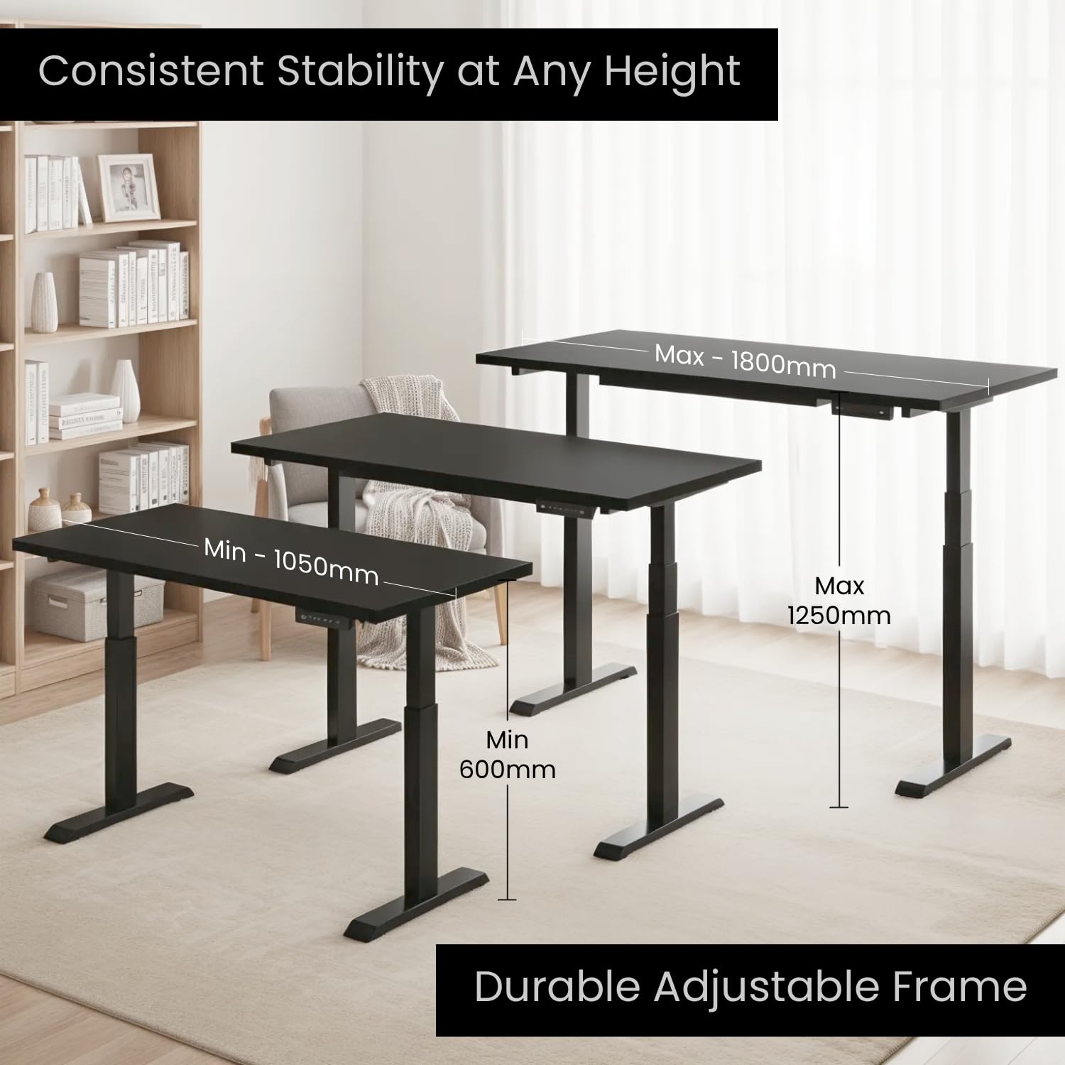 Dual Motor 3 Stage Electric Height Adjustable Standing Desk Table| 120KG Wt Cap| 3 Year Warranty| Fit 47"–71" Tabletop| Cable Management, Headphone & Cup Holder (BK Frame Only | No Tabletop)