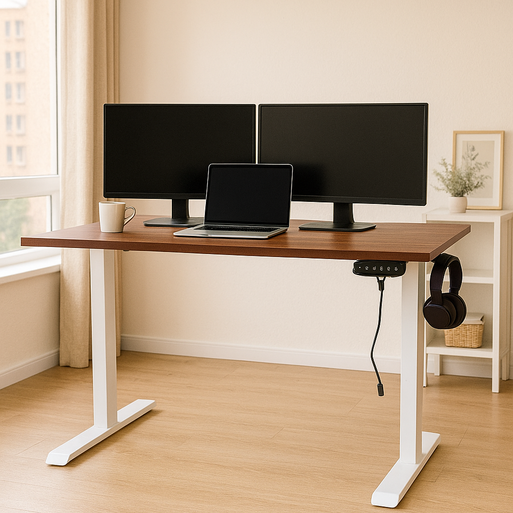 Single Motor Standing Desk with 25mm Pre Drilled Tabletop 80kg  Weight Capacity + Free Headphone & Cup Holder and Adaptor Hanger - Pulse Series