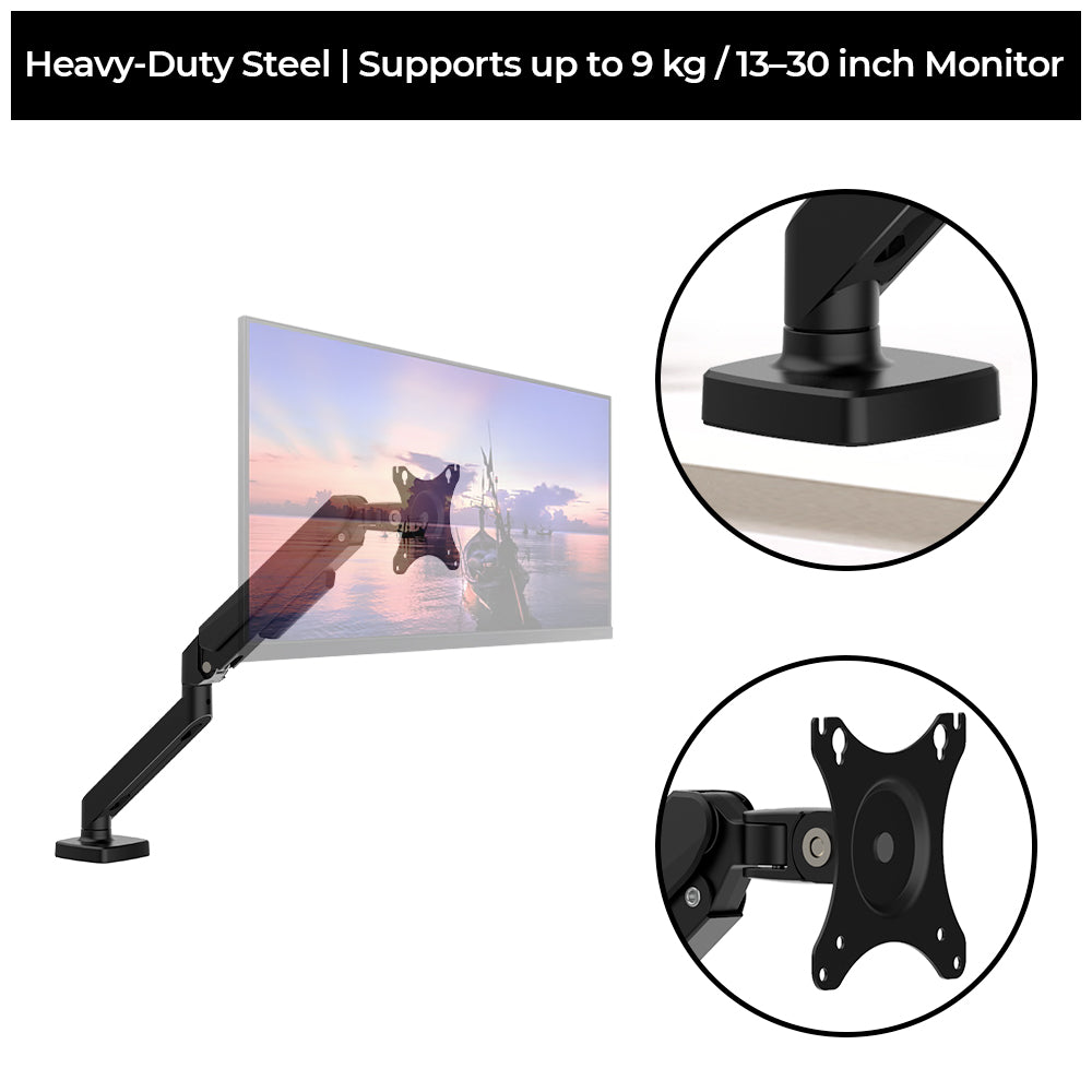 Gas Spring Single Monitor Arm Full Motion Flexibility for 13 to 30 Inch Monitor Weight Capacity 9kg - TDS100