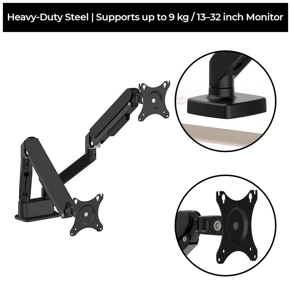 Gas Spring Dual Monitor Arm Full Motion Flexibility for 13 to 32 Inch Monitor Weight Capacity 9kg Per Monitor - TDS200