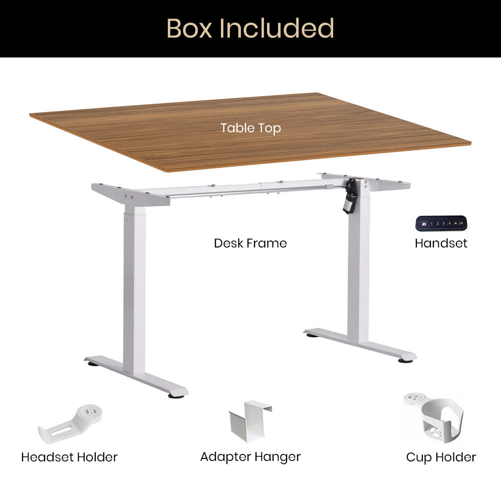 Single Motor Standing Desk with 25mm Pre Drilled Tabletop 80kg  Weight Capacity + Free Headphone & Cup Holder and Adaptor Hanger - Pulse Series
